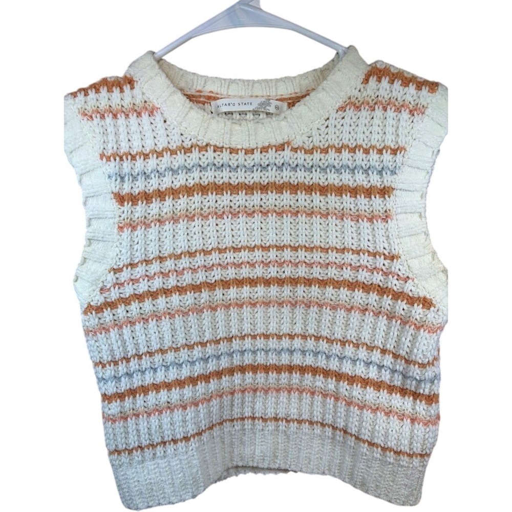 Altar'd State Striped Sweater Vest Cream Orange Blue Ruffle Cap Sleeve XS Boho